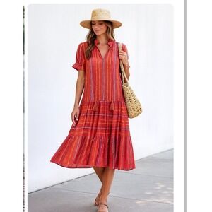 A Piece Apart Red Orange Striped Tiered Midi Dress 4‎
